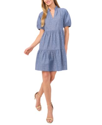 CeCe - Women's Cotton V-Neck Puff-Sleeve Tiered Dress