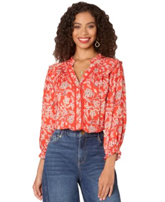 Democracy - Petite Printed Blouson-Sleeve Button-Front Shirt