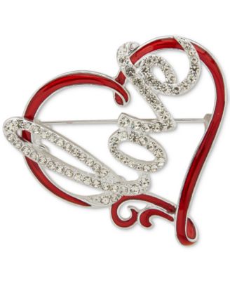 Anne Klein - Silver-Tone Pav&eacute; Love Script Red Heart Pin