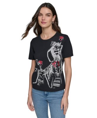 KARL LAGERFELD PARIS - Women's Sketch-Graphic Short-Sleeve Sweater
