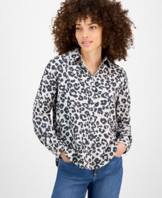 DKNY Jeans - Petite Cat-Print Fold-Collar Blouse