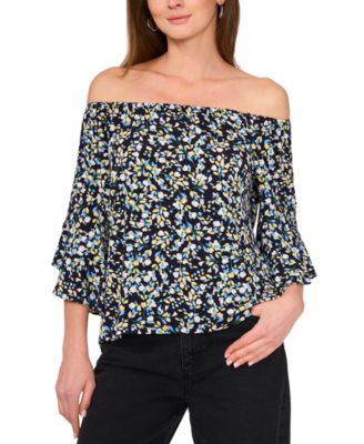 Sam & Jess - Petite Off-The-Shoulder Floral-Print Bell-Sleeve Top