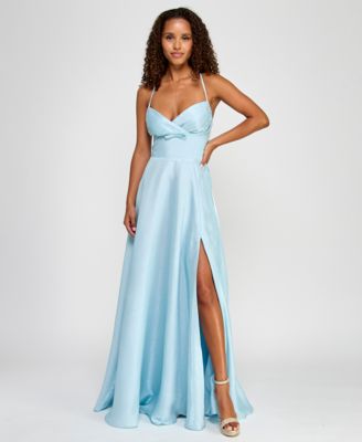 B Darlin - Juniors' Satin Pleated-Bodice Surplice Gown