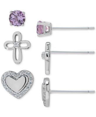Macy's - 3-Pc. Set Amethyst (3/8 ct. t.w.) & Lab Grown White Sapphire (1/2 ct. t.w.) Solitaire, Cross & Heart Stud Earrings in Sterling Silver