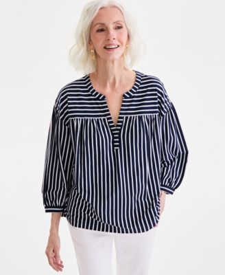 Style & Co - Women's Striped 3/4-Sleeve Split-Neck Top