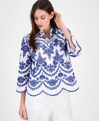 Anne Klein - Petite Cotton Eyelet-Embroidered Scalloped-Hem Blouse