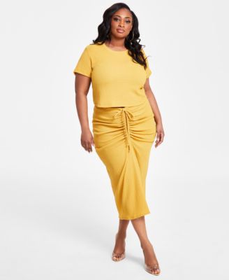 Nina Parker - Plus Size Textured Drawstring-Ruched Skirt