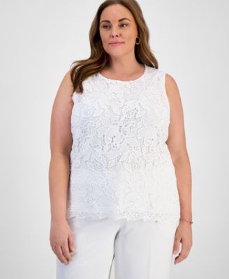 Kasper - Plus Size Lace-Front Sleeveless Knit Top