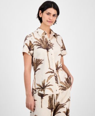 Nautica Jeans - Women's Palm-Print Linen-Blend Camp Shirt