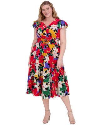 Vince Camuto - Plus Size Floral-Print Flutter-Sleeve Fit & Flare Dress