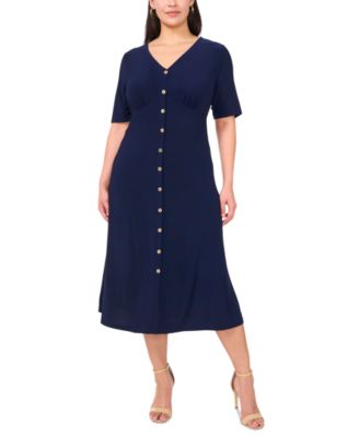 MSK - Plus Size V-Neck Button Short-Sleeve Midi Dress