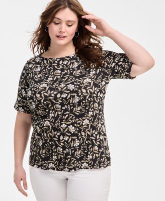 Style & Co - Plus Size Wildflower Cuffed Elbow-Sleeve T-Shirt