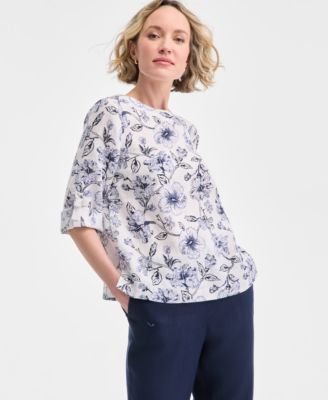 Charter Club - Petite Printed Linen Boat-Neck Top
