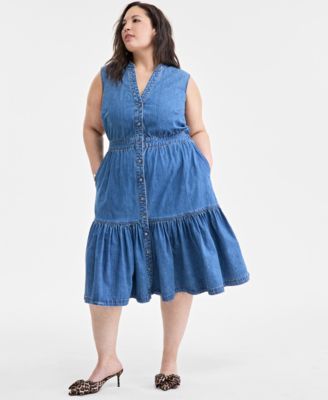 On 34th - Trendy Plus Size Denim Tiered Midi Dress