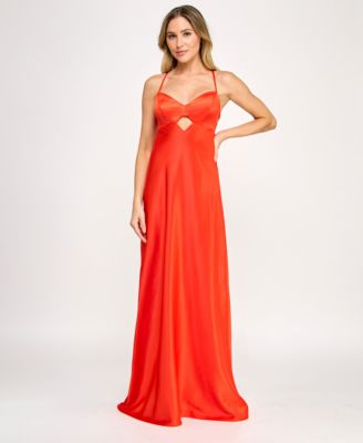 SENI & CADE - Juniors' Satin Lace-Up Cutout Gown