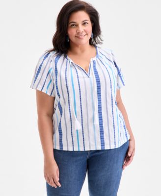 Style & Co - Plus Size Dainty Striped Jacquard Flutter-Sleeve Cotton Top