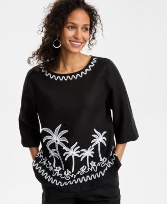 Charter Club - Women's Palm-Applique Linen Top