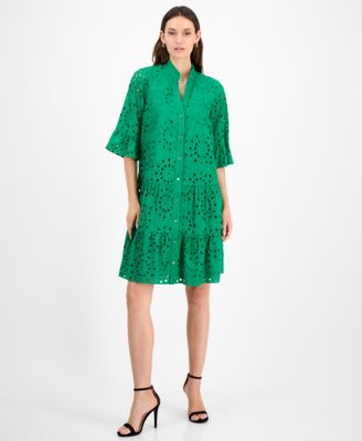 Anne Klein - Women's Eyelet Embroidered Cotton Flare-Sleeve Shirtdress