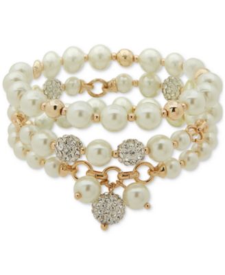 Anne Klein - Gold-Tone Pav&eacute; Fireball & Imitation Pearl Triple-Row Stretch Bracelet