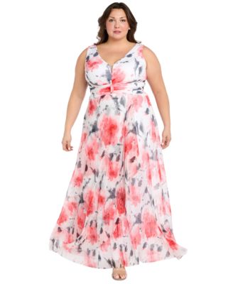 R & M Richards - Plus Size Printed Ruched-Waist Pleated Dress