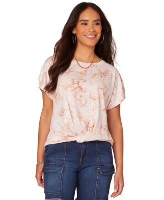 Democracy - Petite Printed Twist-Front Short-Sleeve Top