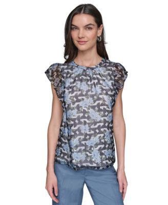 KARL LAGERFELD PARIS - Women's Mixed-Print Flutter-Sleeve Top
