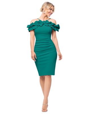 XSCAPE - Petite Off-The-Shoulder Ruffled Scuba Crepe Bodycon Dress