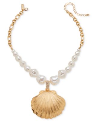 I.N.C. International Concepts - Gold-Tone Shell Imitation Pearl Beaded Statement Pendant Necklace, 16" + 3" extender