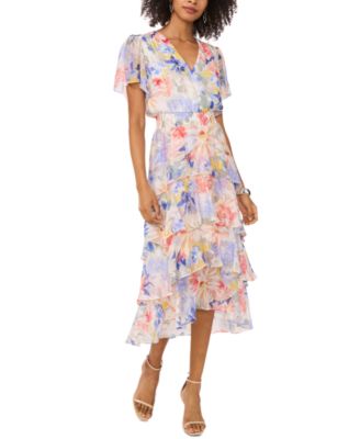 Vince Camuto - Women's Floral-Print Flutter-Sleeve Tiered Midi Dress