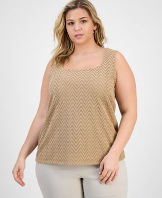 Kasper - Plus Size Herringbone Knit Square-Neck Tank Top