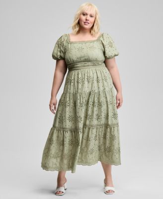 And Now This - Trendy Plus Size Eyelet Embroidered Cotton Puff-Sleeve Maxi Dress, Exclusively at Macy's