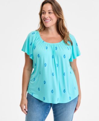 Style & Co - Plus Size Paisley Scoop-Neck Shirred Top