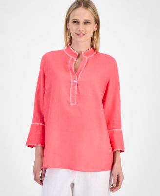 Charter Club - Women's 100% Linen 3/4-Sleeve Stitched Top