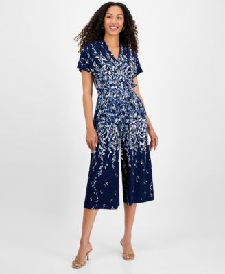 Sandra Darren - Petite Printed Cropped Flutter-Sleeve Jumpsuit