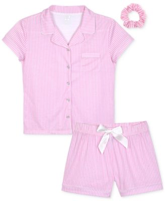 Max & Olivia - Big Girls Striped Button-Front Top & Shorts Pajamas With Scrunchie, 3 Piece Set