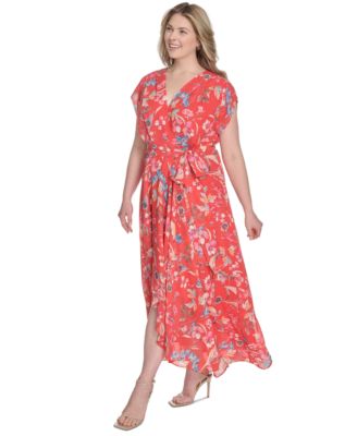 Eliza J - Plus Size Printed V-Neck Faux-Wrap Chiffon Dress