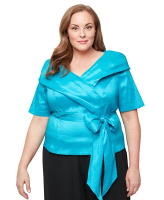 Alex Evenings - Plus Size V-Neck Bow-Trim Taffeta Blouse