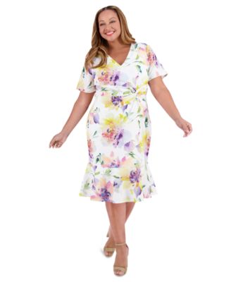 London Times - Plus Size Twist-Front Ruffle-Hem Midi Dress