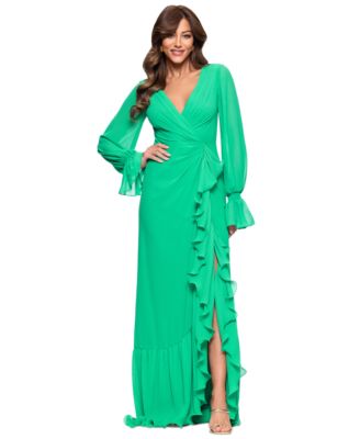 XSCAPE - Women's V-Neck Ruffle-Trim Slit-Front Chiffon Gown