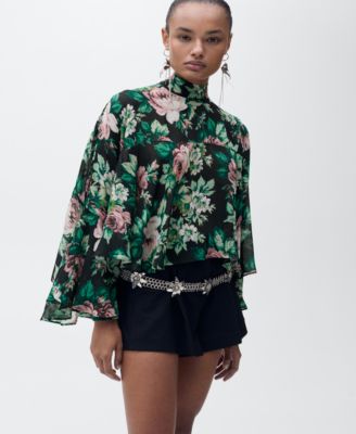 MANGO - Women's Floral-Print Turtleneck Blouse
