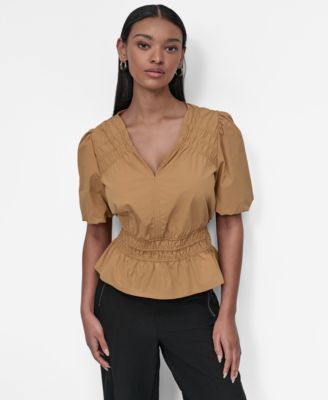 DKNY - Women's V-Neck Puff-Sleeve Peplum Top
