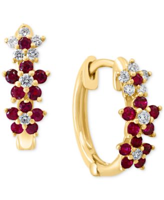 LALI Jewels - Ruby (1/3 ct. t.w.) & Diamond (1/8 ct. t.w.) Extra-Small Hoop Earrings in 14k Yellow Gold, 0.15"