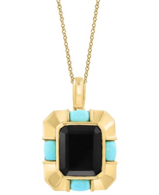 EFFY Collection - Onyx (12x10mm) & Turquoise (3x5mm) Pendant Necklace in 14k Gold-Plated Silver, 17" + 1" extender