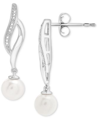 Macy's - Cultured Freshwater Pearl (4mm) & Diamond Accent Swirl Drop Earrings in Sterling Silver