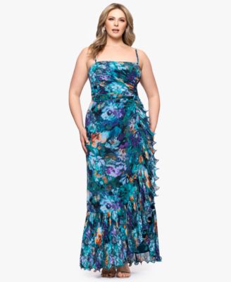 XSCAPE - Plus Size Printed Ruffled Sleeveless Maxi Dress