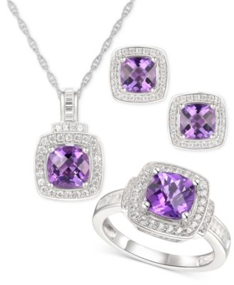 Macy's - 3-Pc. Set Amethyst (3-5/8 ct. t.w.) & White Topaz (1 ct. t.w.) Ring, Pendant Necklace & Stud Earrings in Sterling Silver