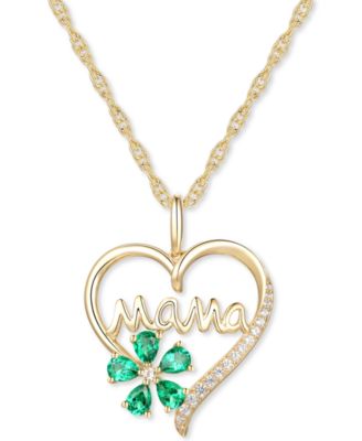 Macy's - Lab-Grown Emerald (5/8 ct. t.w.) & Lab-Grown White Sapphire (1/10 ct. t.w.) Mama 18" Pendant Necklace in 10k Gold
