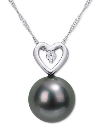 Macy's - Black Cultured Tahitian Pearl (9-1/2mm) & Diamond (1/20 ct. t.w.) Heart 17" Pendant Necklace in 10k White Gold