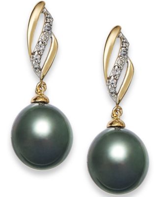 Macy's - Tahitian Pearl (9 mm) with Diamond (1/10 ct. t.w.) Drop Earrings in 14k Gold