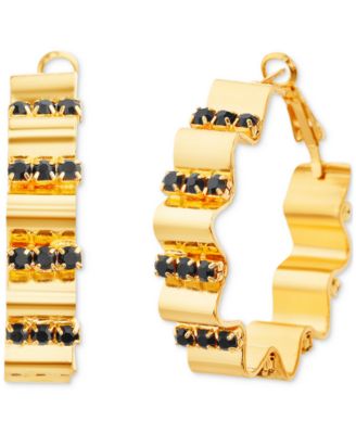 kensie - Gold-Tone Black Rhinestone Wavy Medium Hoop Earrings